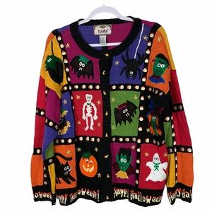 Vintage Halloween Embroidered Patchwork Sweater L